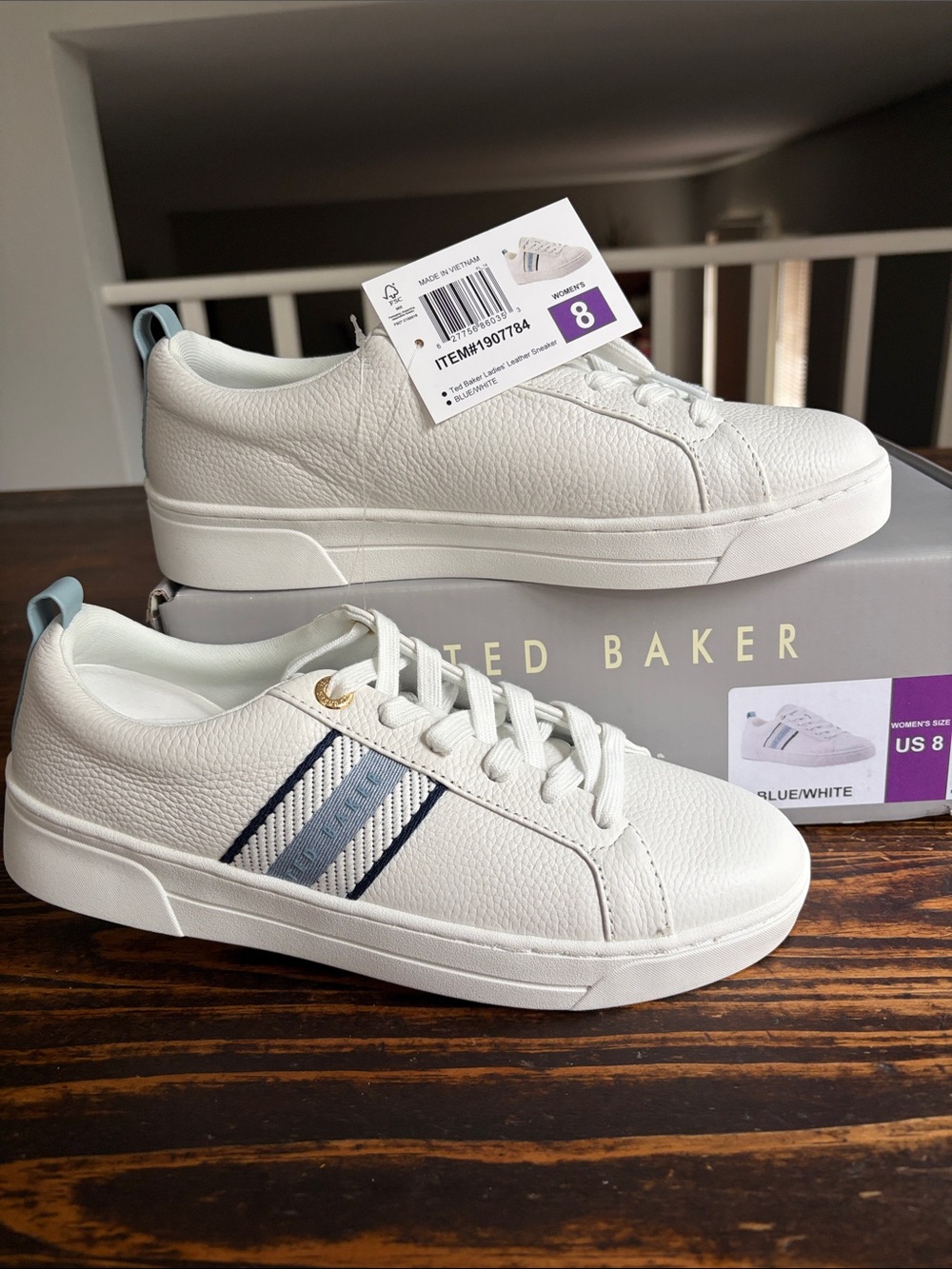 Ted Baker White Leather Sneakers with Blue Stripes, Bailey Icon